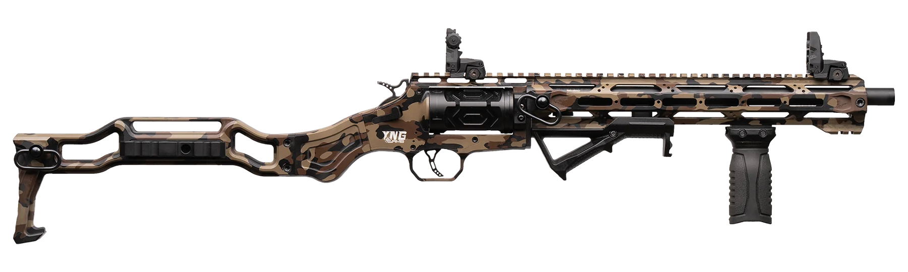 YNG Arms rifle in Desert Camo finish, side profile